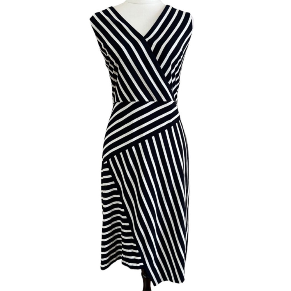 NWT Joseph Ribkoff Striped Faux Wrap Step Hem Dress Dark Blue White Size 12